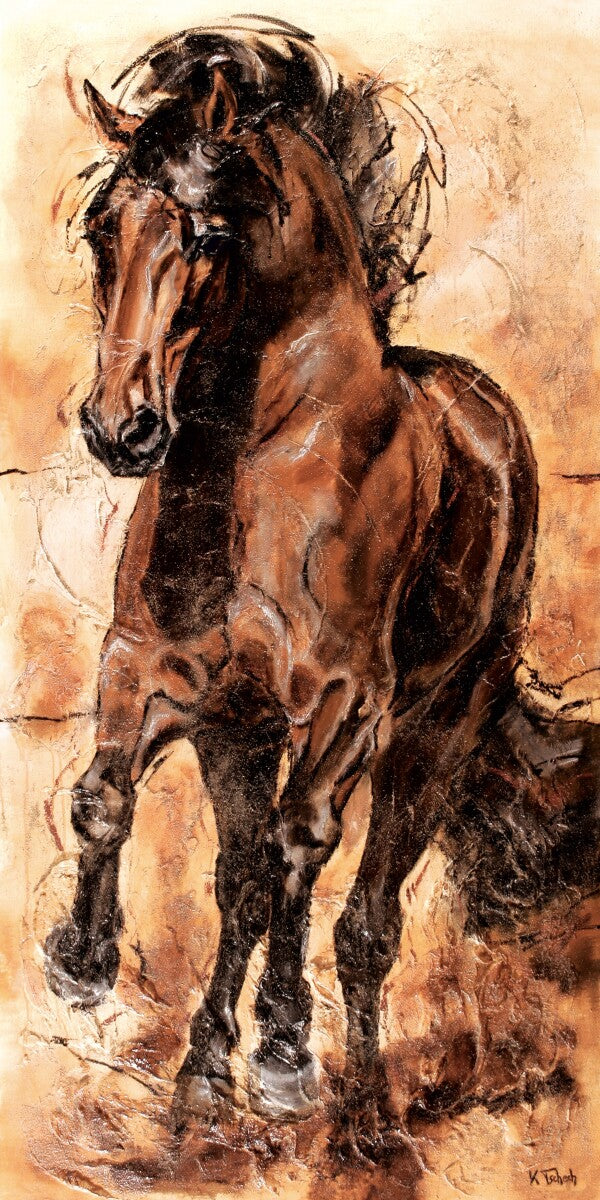 01-18 Brauner Pura Raza Española Hengst im Galopp nach vorne vor Gelb und Orange – Pferde-Kunstdruck von Kerstin Tschech