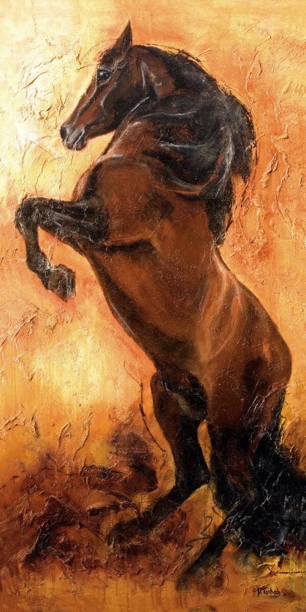 01-24 Andalusier Hengst steigt mit schwarzer Mähne vor Orange und Gelb – Pferde-Kunstdruck von Kerstin Tschech