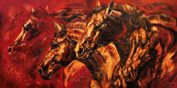 02-12 Abstraktes Pferdeherde-Wandbild in kraftvollem Rot – Pferde-Kunstdruck von Kerstin Tschech