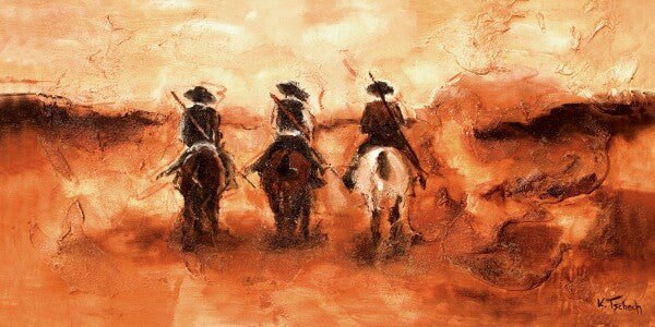 02-19 Drei spanische Vaqueros auf stolzen iberischen Pferden – Pferde-Kunstdruck von Kerstin Tschech