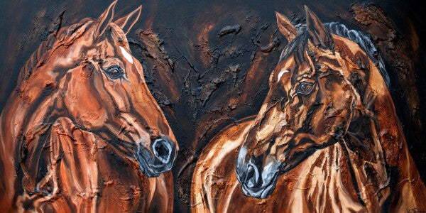 02-44 Edler Fuchs und prachtvoller Brauner mit gespitzten Ohren – Pferde-Kunstdruck von Kerstin Tschech