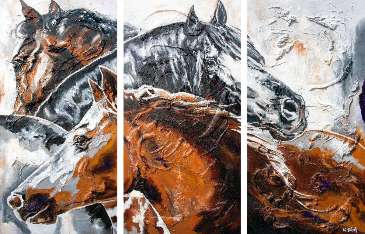 03-02 Stute und Hengst Pferdewandbild XXL – Atelier Pferde-Triptychon Kunstdruck von Kerstin Tschech