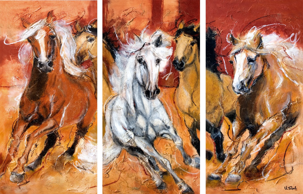 03-07 Abstrakte Pferdeherde – Atelier Pferde-Triptychon Kunstdruck von Kerstin Tschech