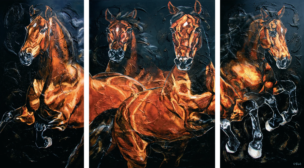 03-14 Hengste im Aufwärts-Galopp – Atelier Pferde-Triptychon Kunstdruck von Kerstin Tschech
