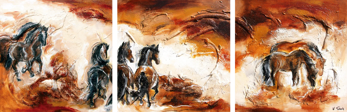 03-23 Pferdeherde abstrakt als mehrteiliges XXL Pferdewandbild – Atelier Pferde-Triptychon Kunstdruck von Kerstin Tschech