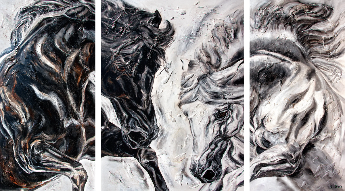 03-26 Weißer und schwarzer Andalusier-Hengst – Atelier Pferde-Triptychon Kunstdruck von Kerstin Tschech