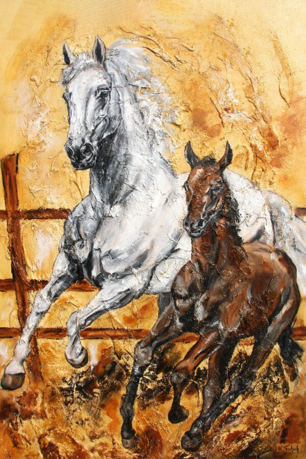 04-28 Stute mit Fohlen gemalt mit tiefem Ausdruck – Pferde-Kunstdruck von Kerstin Tschech
