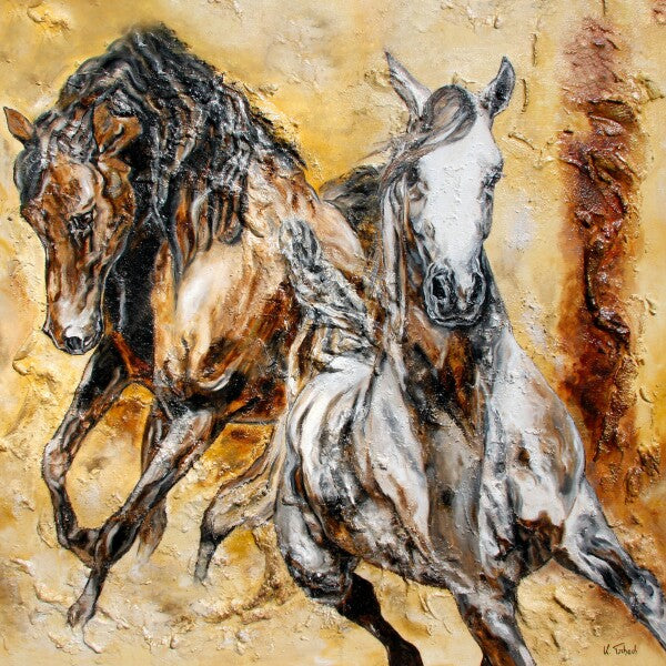 05-60 Stolze Araber Pferde in einer vom Wüstenwind durchwehten Komposition – Pferde-Kunstdruck von Kerstin Tschech