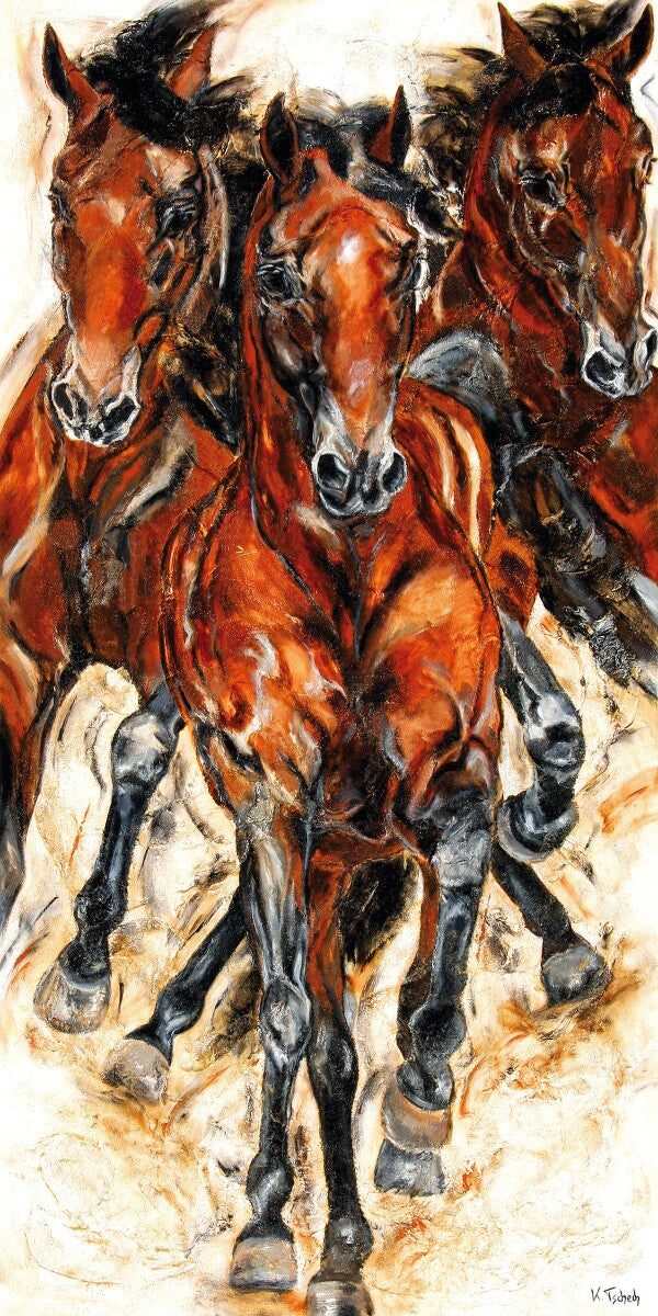 01-12 Drei ausdrucksstarke Warmblüter galoppieren auf den Betrachter zu – Pferde-Kunstdruck von Kerstin Tschech