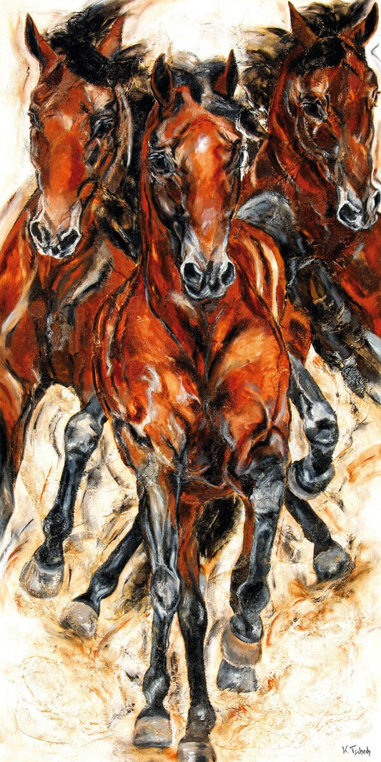 01-12 Drei ausdrucksstarke Warmblüter galoppieren auf den Betrachter zu – Pferde-Kunstdruck von Kerstin Tschech