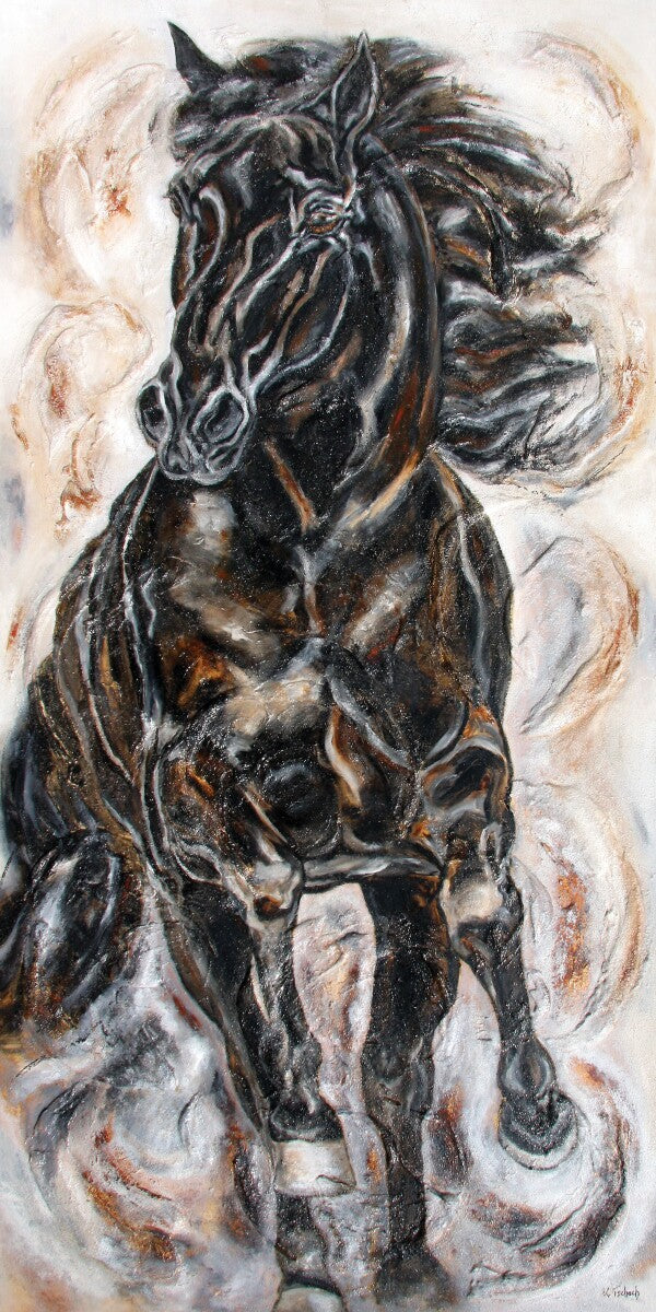 01-28 Kraftvoller Rappe stürmt im Galopp nach vorne vor beige-weißem Hintergrund – Pferde-Kunstdruck von Kerstin Tschech