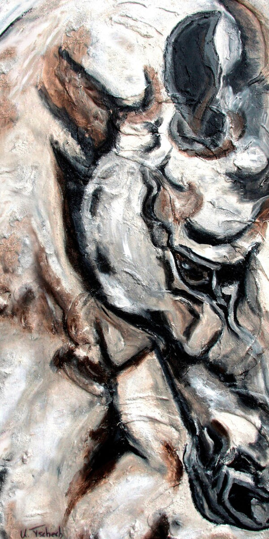 01-55 Abstraktes Pferdeportrait Ausschnitt mit Auge und Nüstern in Beige Braun Grau – Pferde-Kunstdruck von Kerstin Tschech