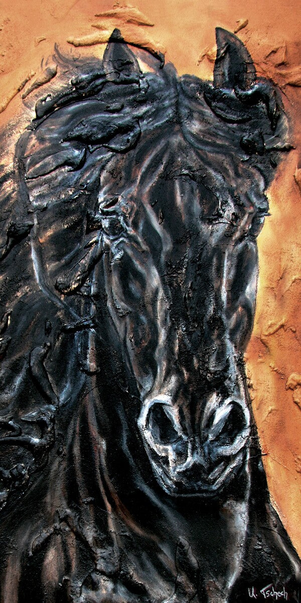 01-59 Friese vor orangem Hintergrund – Pferde-Kunstdruck von Kerstin Tschech
