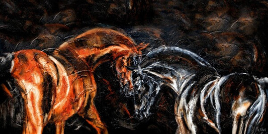 02-03 Ausdrucksstarker schwarzer und brauner Hengst im Licht – Pferde-Kunstdruck von Kerstin Tschech