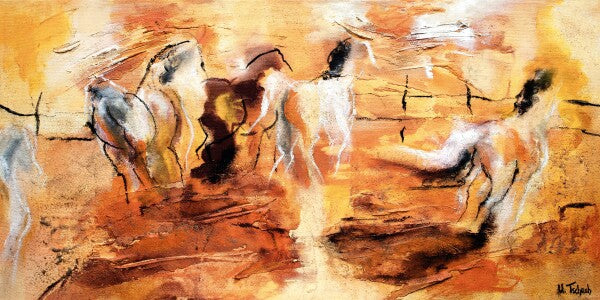 02-21 Lebhafte Pferdeherde in kraftvoller, abstrakter Bewegung – Pferde-Kunstdruck von Kerstin Tschech