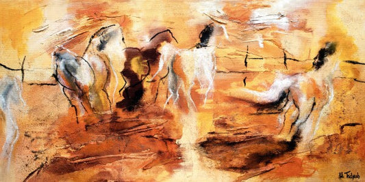 02-21 Lebhafte Pferdeherde in kraftvoller, abstrakter Bewegung – Pferde-Kunstdruck von Kerstin Tschech