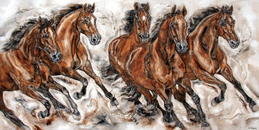 02-25 Fünf braune Warmblüter in kraftvoller, galoppierender Bewegung – Pferde-Kunstdruck von Kerstin Tschech