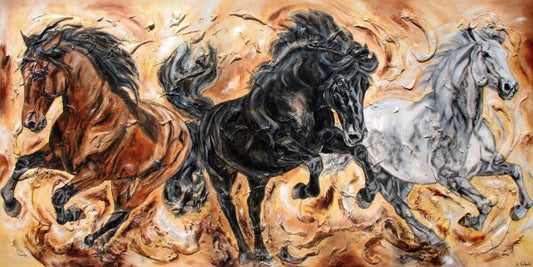 02-29 Drei galoppierende Pferde als Rappe Schimmel und Brauner im Aufwärtsgalopp – Pferde-Kunstdruck von Kerstin Tschech