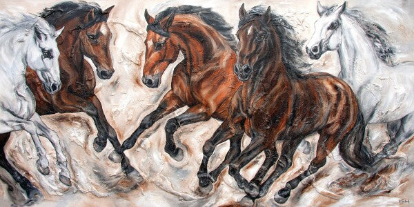 02-33 Ausdrucksstarke Pferdeherde in dynamischer Bewegung – Pferde-Kunstdruck von Kerstin Tschech
