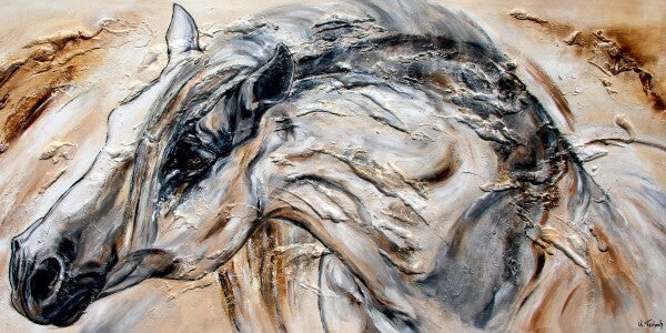02-34 Pferde-Porträt eines spanischen Hengstes mit geschwungener Halsung – Pferde-Kunstdruck von Kerstin Tschech