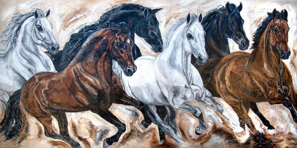 02-38 Wilde Pferdeherde ausdrucksstarker Hengste in freier, dynamischer Bewegung – Pferde-Kunstdruck von Kerstin Tschech