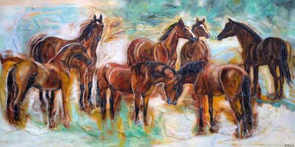 02-42 Pferde-Gemälde Warmblut-Herde in modernen Farben – Pferde-Kunstdruck von Kerstin Tschech