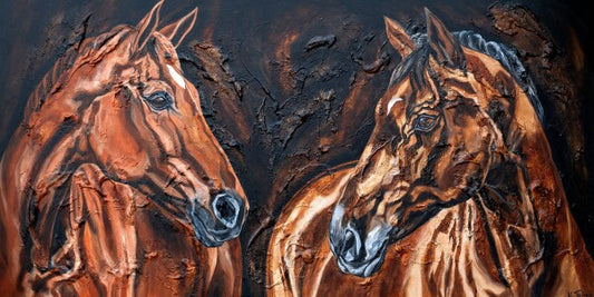 02-44 Edler Fuchs und prachtvoller Brauner mit gespitzten Ohren – Pferde-Kunstdruck von Kerstin Tschech