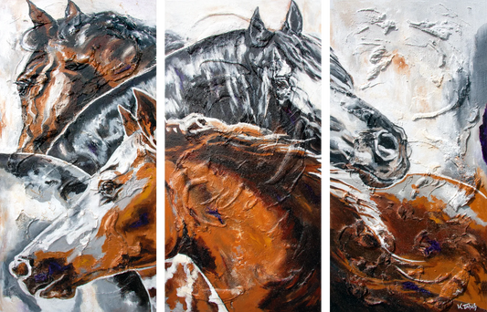 03-02 Stute und Hengst Pferdewandbild XXL – Atelier Pferde-Triptychon Kunstdruck von Kerstin Tschech