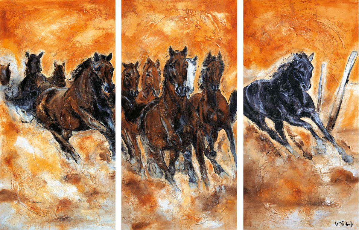 03-03 Wilde Pferdeherde – Atelier Pferde-Triptychon Kunstdruck von Kerstin Tschech