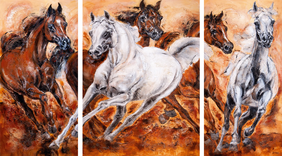 03-06 Araber-Pferdeherde Großformat – Atelier Pferde-Triptychon Kunstdruck von Kerstin Tschech