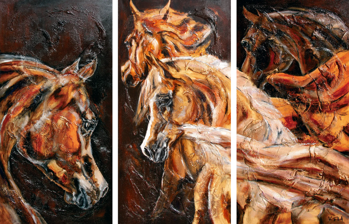 03-08 Mehrteilige Pferdeleinwand mit Arabern – Atelier Pferde-Triptychon Kunstdruck von Kerstin Tschech
