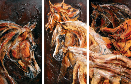 03-08 Mehrteilige Pferdeleinwand mit Arabern – Atelier Pferde-Triptychon Kunstdruck von Kerstin Tschech