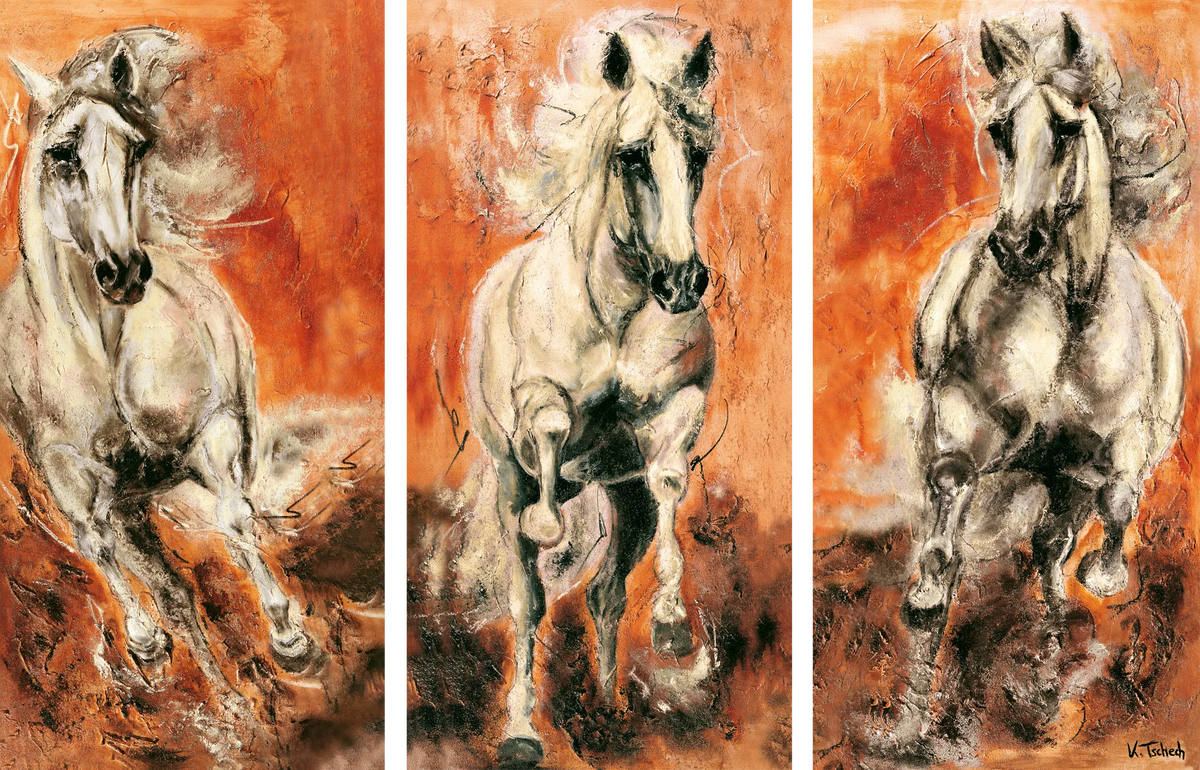 03-09 Drei majestätische Andalusier im Galopp – Atelier Pferde-Triptychon Kunstdruck von Kerstin Tschech