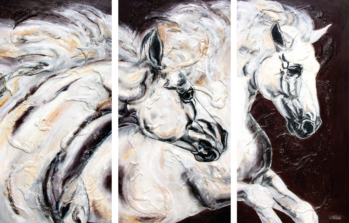 03-10 Weiße Schimmel Wandbild Pferdeherde Leinwand – Atelier Pferde-Triptychon Kunstdruck von Kerstin Tschech