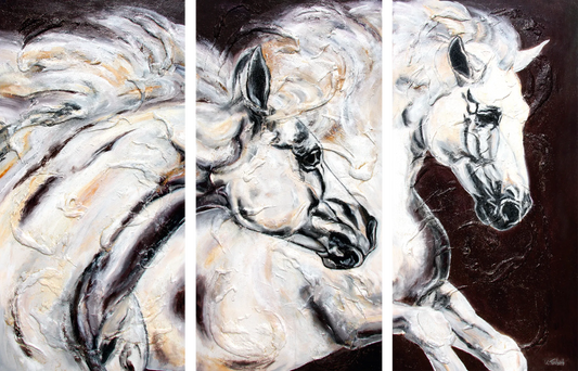 03-10 Weiße Schimmel Wandbild Pferdeherde Leinwand – Atelier Pferde-Triptychon Kunstdruck von Kerstin Tschech