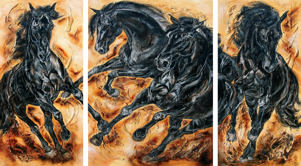 03-15 Pferdeherde mit Rappen im Galopp – Atelier Pferde-Triptychon Kunstdruck von Kerstin Tschech