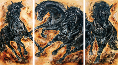 03-15 Pferdeherde mit Rappen im Galopp – Atelier Pferde-Triptychon Kunstdruck von Kerstin Tschech