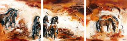 03-23 Pferdeherde abstrakt als mehrteiliges XXL Pferdewandbild – Atelier Pferde-Triptychon Kunstdruck von Kerstin Tschech