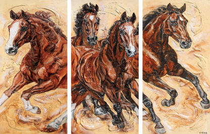 03-24 Dynamisch galoppierende Warmblut-Hengste – Atelier Pferde-Triptychon Kunstdruck von Kerstin Tschech