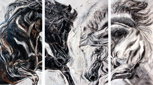 03-26 Weißer und schwarzer Andalusier-Hengst – Atelier Pferde-Triptychon Kunstdruck von Kerstin Tschech
