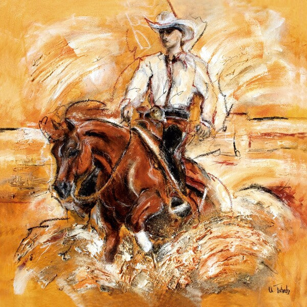 05-21 Westernridning, action og sliding stop i moderne kunststil - kunsttrykk av hester av Kerstin Tschech