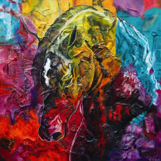 05-47 Farbgewaltiges Hengstportrait – Pferde-Kunstdruck von Kerstin Tschech