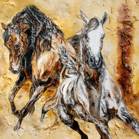 05-60 Stolze Araber Pferde in einer vom Wüstenwind durchwehten Komposition – Pferde-Kunstdruck von Kerstin Tschech