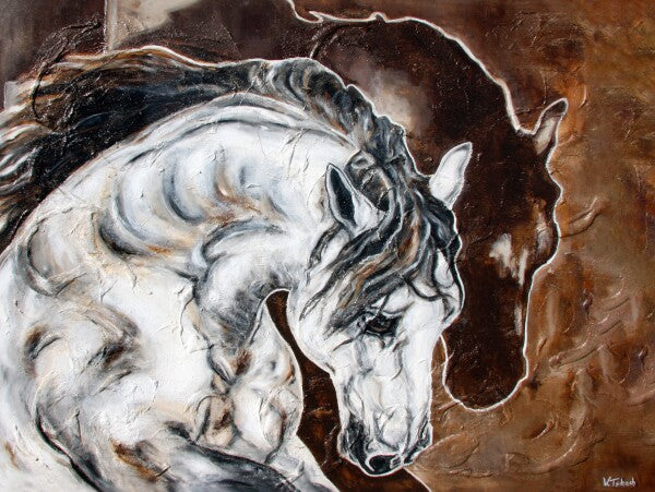 06-01 Weißer PRE Hengst springt kraftvoll nach vorne – Pferde-Kunstdruck von Kerstin Tschech