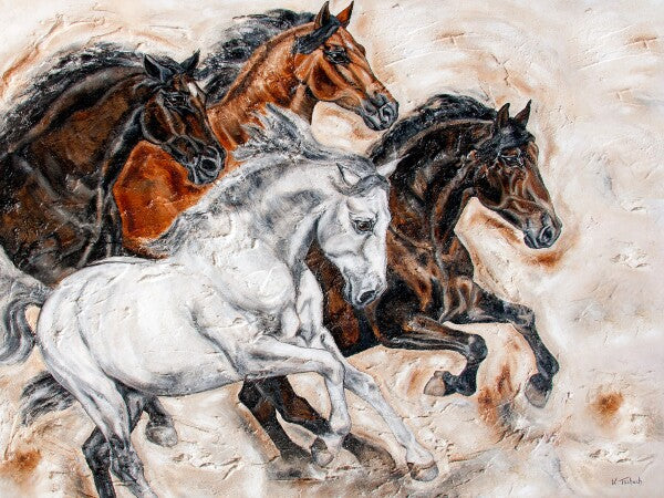 06-31 Barocke Pferde im kraftvollen Galopp im modernen Stil – Pferde-Kunstdruck von Kerstin Tschech