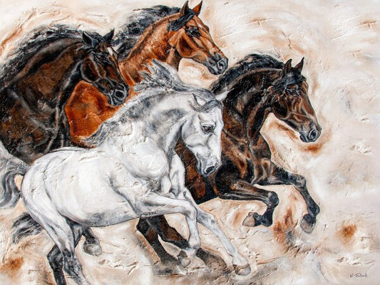 06-31 Barocke Pferde im kraftvollen Galopp im modernen Stil – Pferde-Kunstdruck von Kerstin Tschech