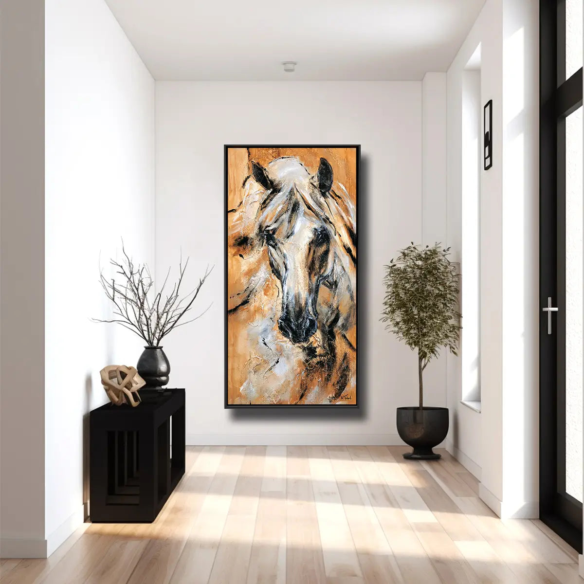 01-02 Weißer PRE Hengst Portrait hinter Gold – Pferde-Acrylglasbild von Kerstin Tschech