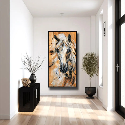 01-02 Weißer PRE Hengst Portrait hinter Gold – Pferde-Acrylglasbild von Kerstin Tschech