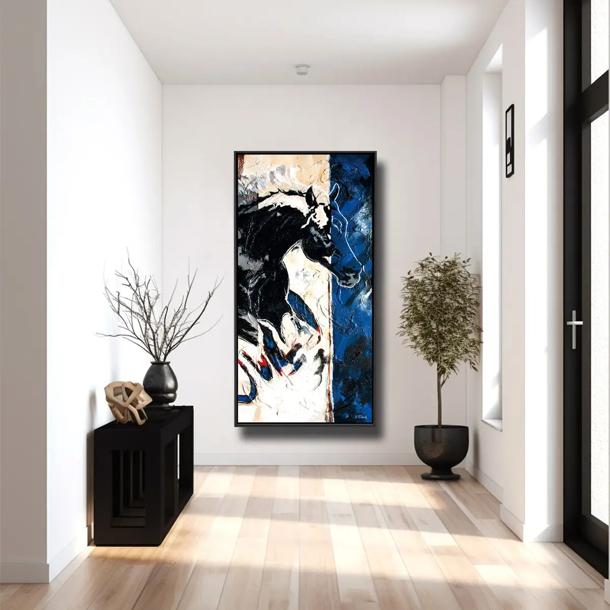 01-05 Springpferd in abstrakter Silhouette in Flugphase – Pferde-Acrylglasbild von Kerstin Tschech