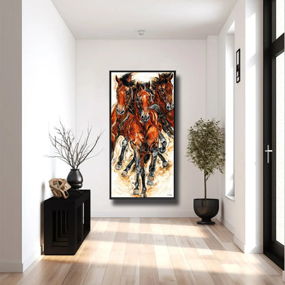 01-12 Drei ausdrucksstarke Warmblüter galoppieren auf den Betrachter zu – Pferde-Acrylglasbild von Kerstin Tschech